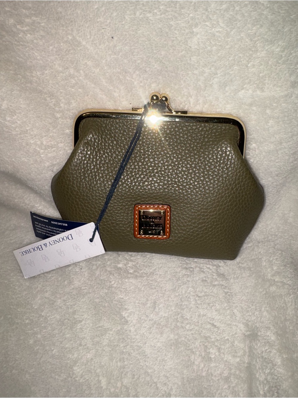Dooney & Bourke Olive Pebbled Leather Kiss-Lock Coin Pouch with Logo Plaque